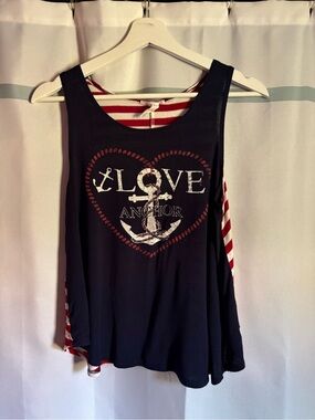 LOVE Anchor Sleeveless Tank Top - Navy with Red & White Stripe Back